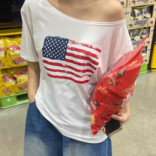 Simple American Flag One-Shoulder Loose Fit T-shirt