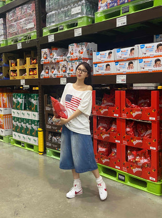 Simple American Flag One-Shoulder Loose Fit T-shirt