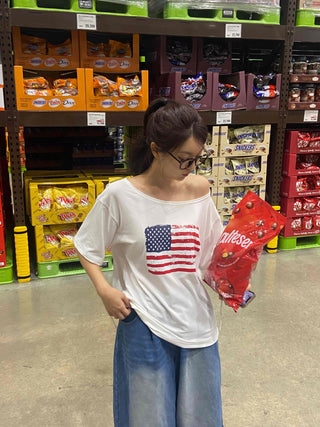 Simple American Flag One-Shoulder Loose Fit T-shirt