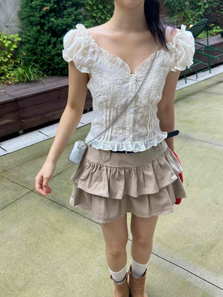 Muse Flower Jacquard Short Sleeve Blouse