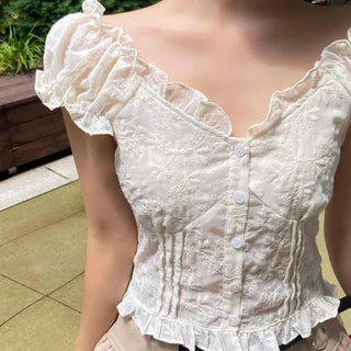 Muse Flower Jacquard Short Sleeve Blouse