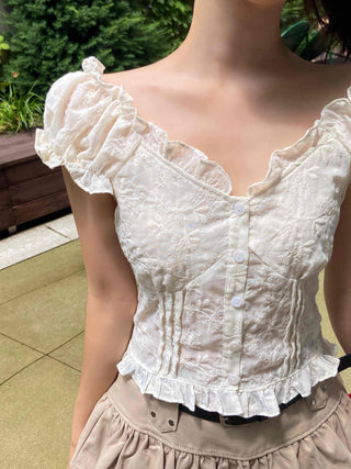Muse Flower Jacquard Short Sleeve Blouse