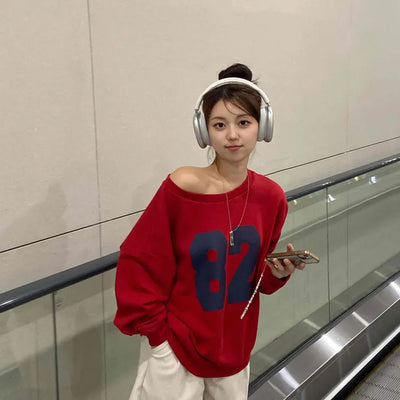 Comfort Numbering Off-Shoulder Sweatshirt