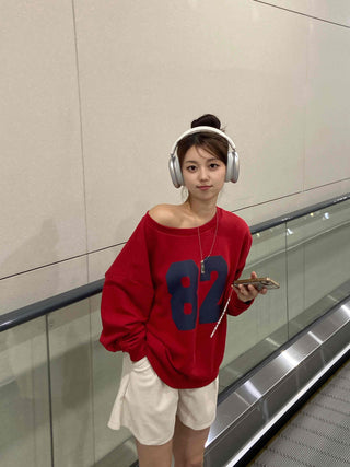 Comfort Numbering Off-Shoulder Sweatshirt