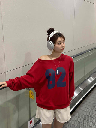Comfort Numbering Off-Shoulder Sweatshirt
