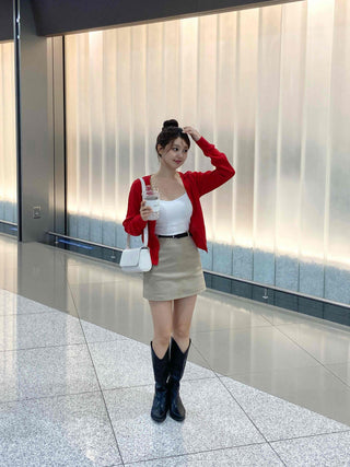 Minimal Semi-Crop V-Neck Elastic Cardigan