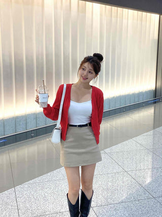 Minimal Semi-Crop V-Neck Elastic Cardigan