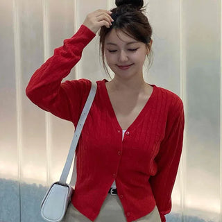 Minimal Semi-Crop V-Neck Elastic Cardigan
