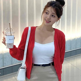 Minimal Semi-Crop V-Neck Elastic Cardigan