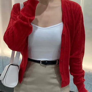 Minimal Semi-Crop V-Neck Elastic Cardigan