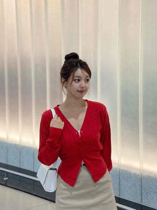 Minimal Semi-Crop V-Neck Elastic Cardigan