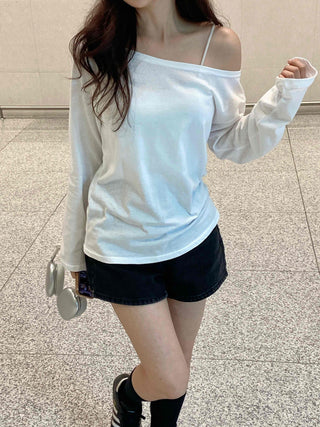 Basic Off-Shoulder Plain Long-Sleeve T-Shirt
