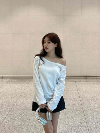 Basic Off-Shoulder Plain Long-Sleeve T-Shirt
