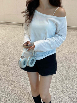 Basic Off-Shoulder Plain Long-Sleeve T-Shirt