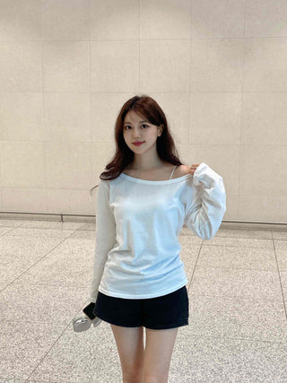 Basic Off-Shoulder Plain Long-Sleeve T-Shirt