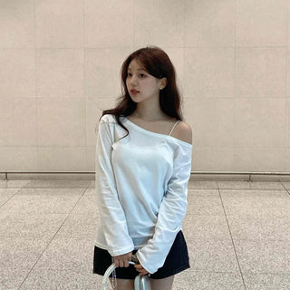 Basic Off-Shoulder Plain Long-Sleeve T-Shirt