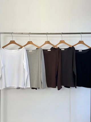 Basic Off-Shoulder Plain Long-Sleeve T-Shirt