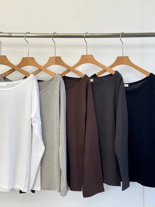 Basic Off-Shoulder Plain Long-Sleeve T-Shirt