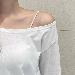Basic Off-Shoulder Plain Long-Sleeve T-Shirt