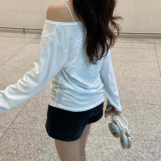 Basic Off-Shoulder Plain Long-Sleeve T-Shirt