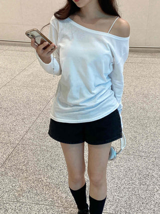 Basic Off-Shoulder Plain Long-Sleeve T-Shirt