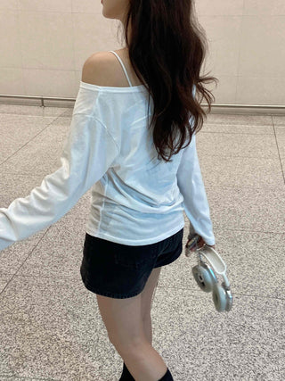Basic Off-Shoulder Plain Long-Sleeve T-Shirt