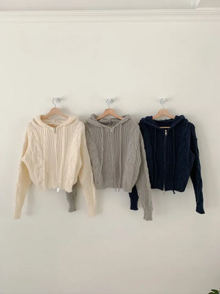Cable Knit Crop Spring/Autumn Zip-Up Hoodie