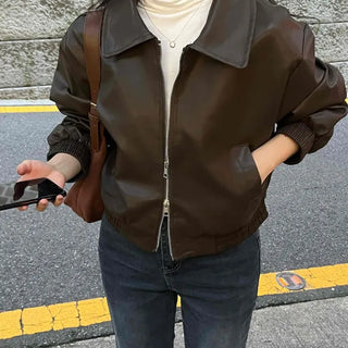 Two-way Shirt Collar Crop Leather Jacket