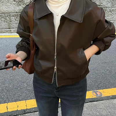 Two-way Shirt Collar Crop Leather Jacket
