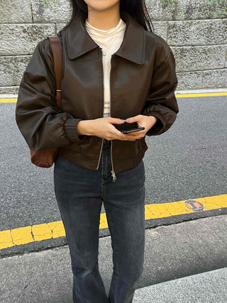Two-way Shirt Collar Crop Leather Jacket