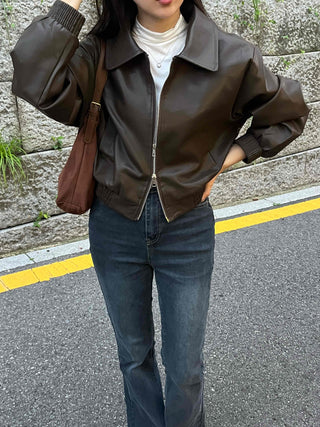 Two-way Shirt Collar Crop Leather Jacket