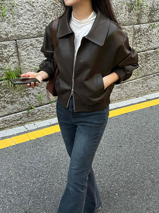 Two-way Shirt Collar Crop Leather Jacket