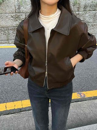 Two-way Shirt Collar Crop Leather Jacket