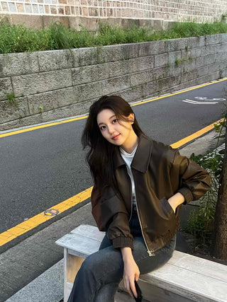 Two-way Shirt Collar Crop Leather Jacket