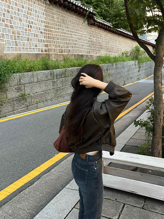 Two-way Shirt Collar Crop Leather Jacket
