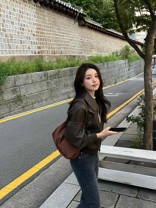 Two-way Shirt Collar Crop Leather Jacket