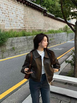 Two-way Shirt Collar Crop Leather Jacket