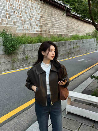 Two-way Shirt Collar Crop Leather Jacket