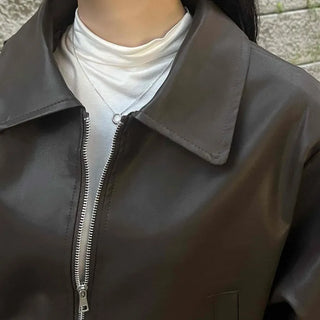 Two-way Shirt Collar Crop Leather Jacket