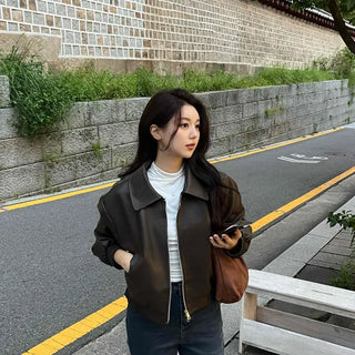Two-way Shirt Collar Crop Leather Jacket