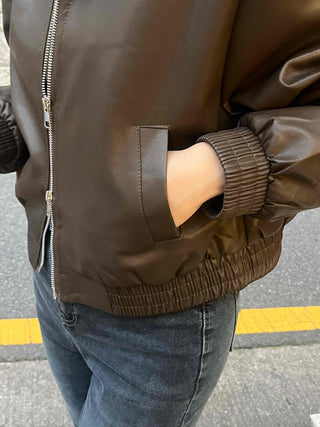 Two-way Shirt Collar Crop Leather Jacket