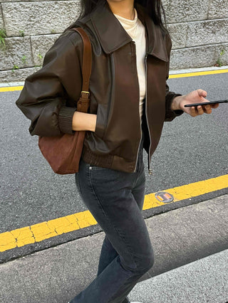 Two-way Shirt Collar Crop Leather Jacket