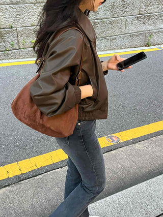 Two-way Shirt Collar Crop Leather Jacket