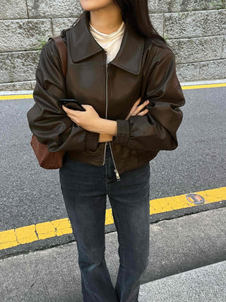 Two-way Shirt Collar Crop Leather Jacket