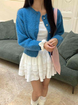 Boucle Round Neck Crop Knit Cardigan