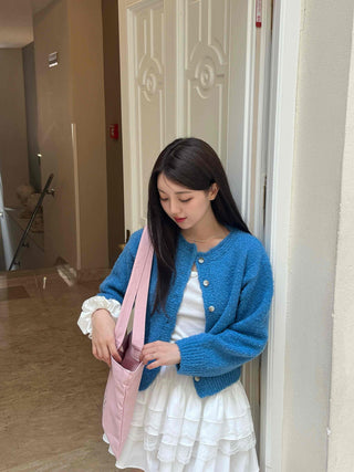 Boucle Round Neck Crop Knit Cardigan