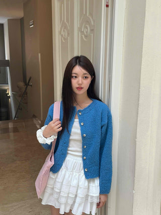 Boucle Round Neck Crop Knit Cardigan