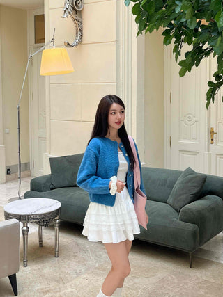 Boucle Round Neck Crop Knit Cardigan