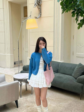 Boucle Round Neck Crop Knit Cardigan