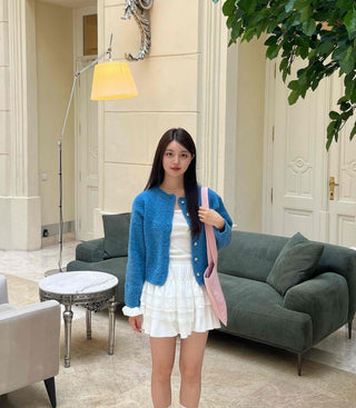 Boucle Round Neck Crop Knit Cardigan
